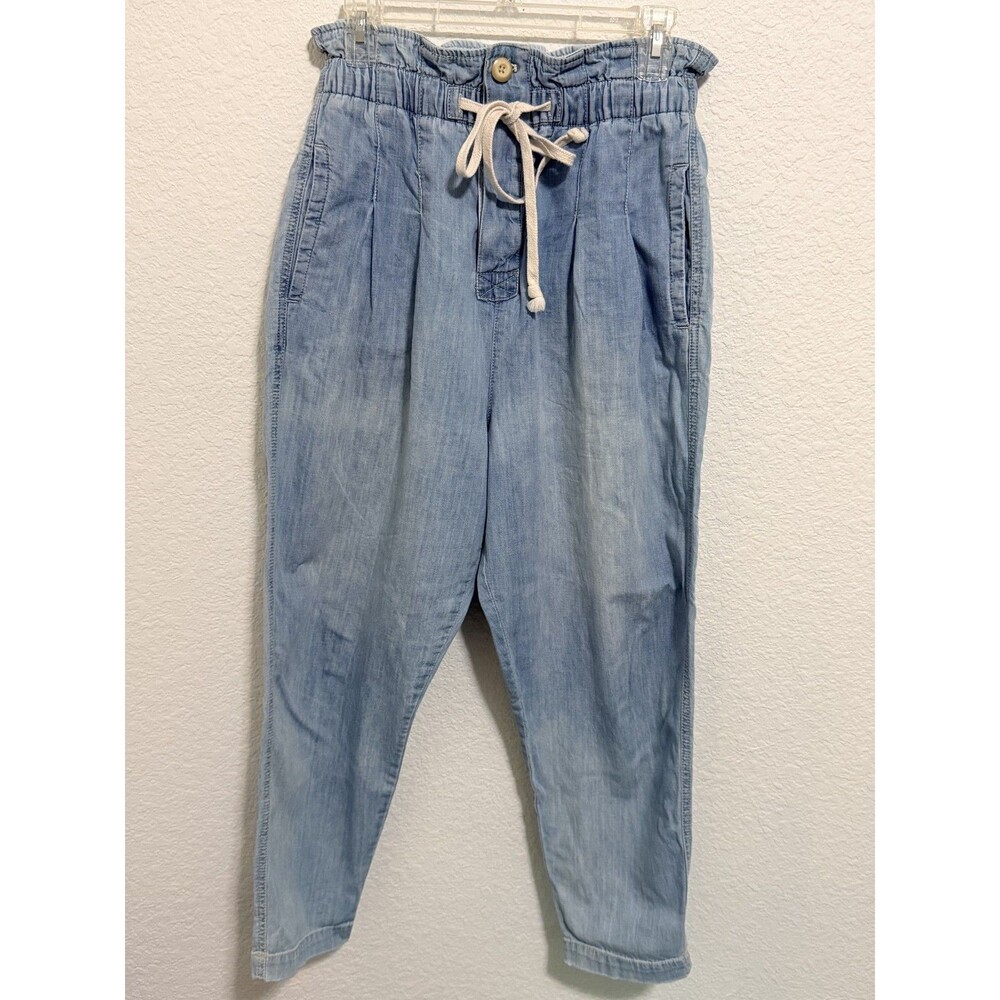 Free People Margate Light Wash Denim Pleated Drawstring Cropped Trouser Pant S